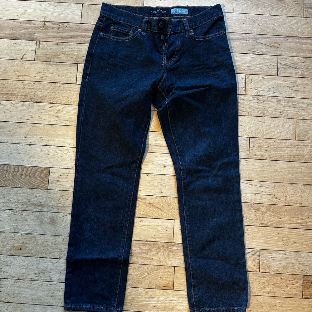 Aeropostale dark denim jeans. Slim straight. Button fly  EUC. 27wx28L